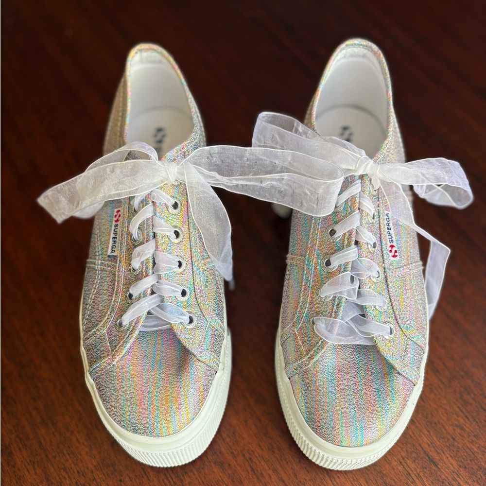 NWOT Women’s superga platform sneakers. Multi color shiny size 8